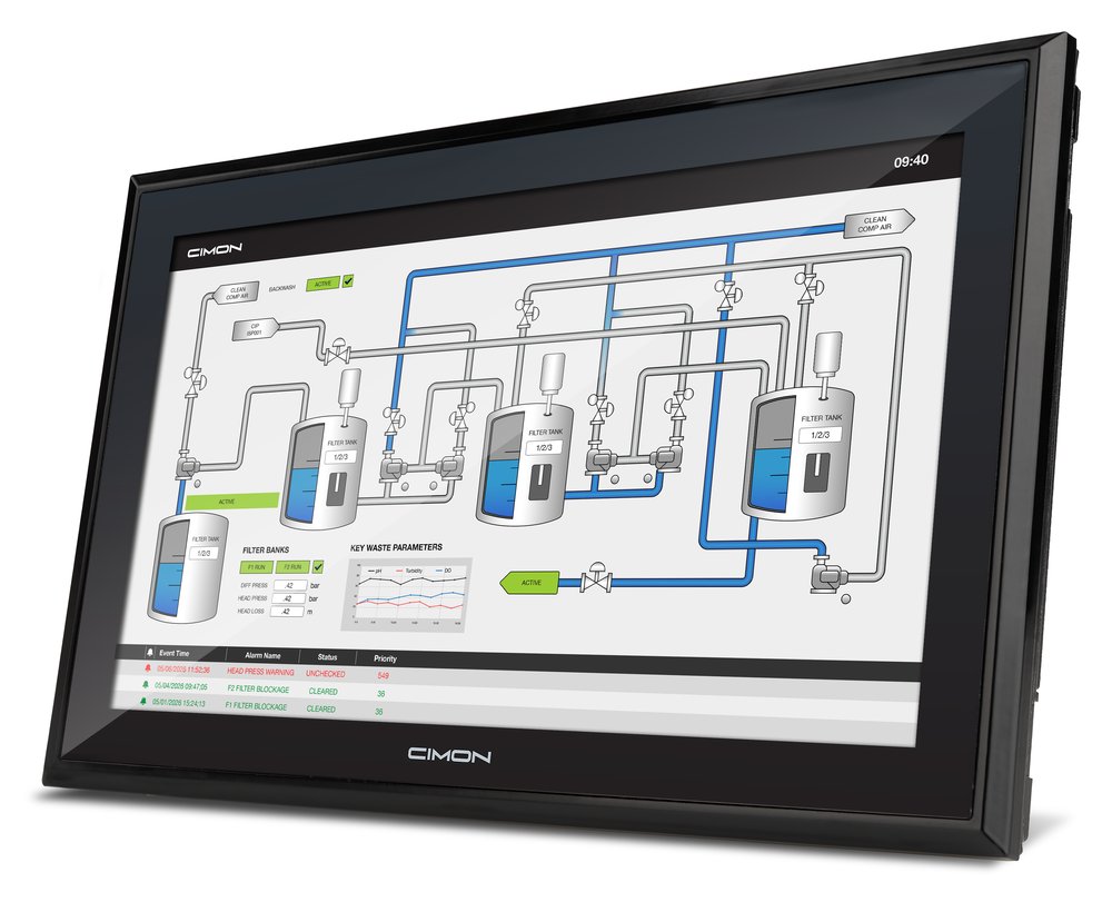 CIMON NP Series 600 Industrial Panel PC showing a water treatment SCADA screen